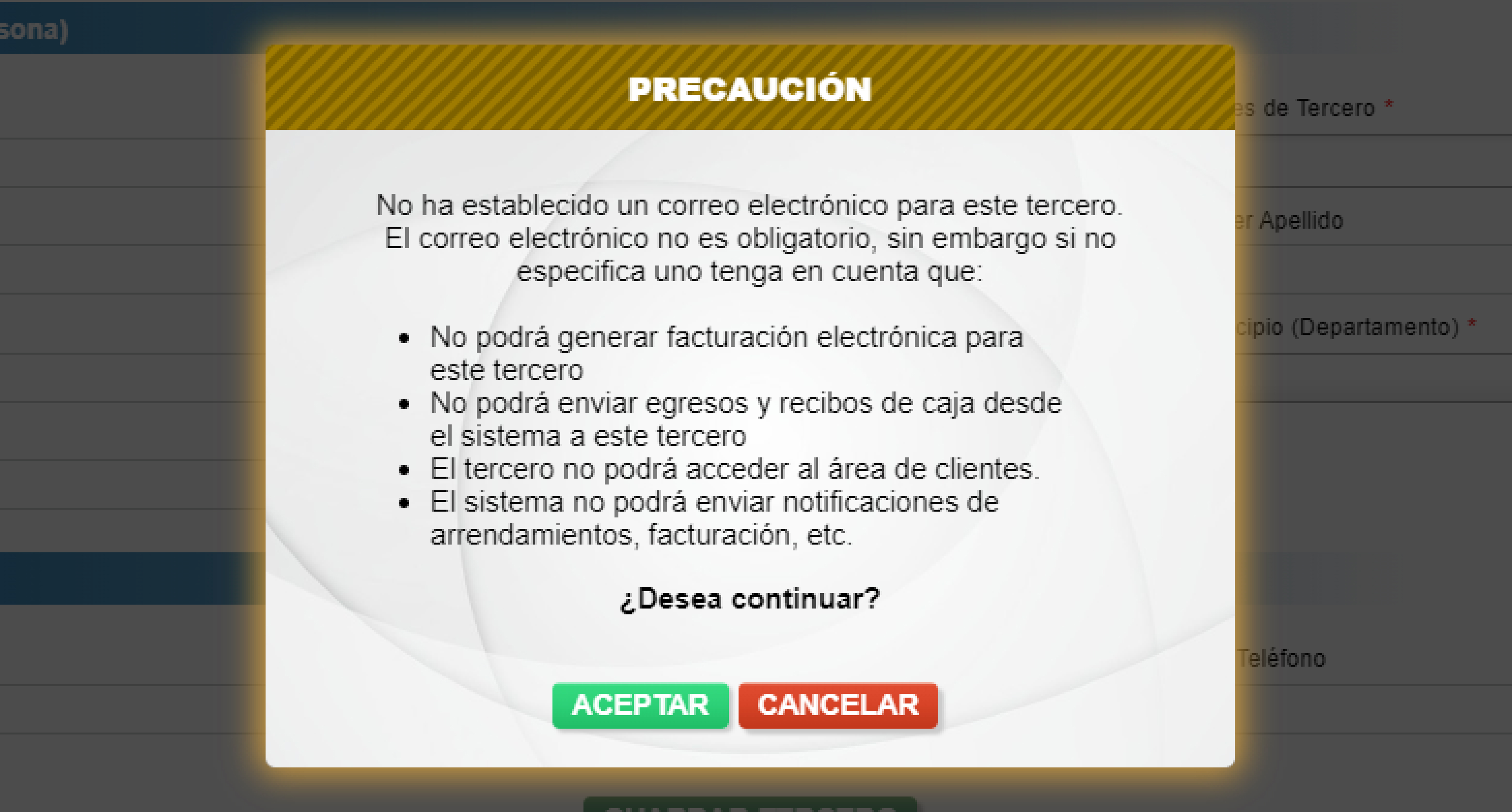 Tercero sin Email - Advertencia 